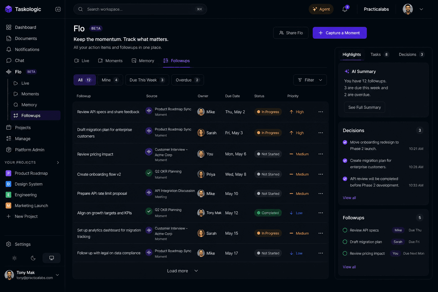 Flo Followups showing lightweight tracking with owners, due dates, and status