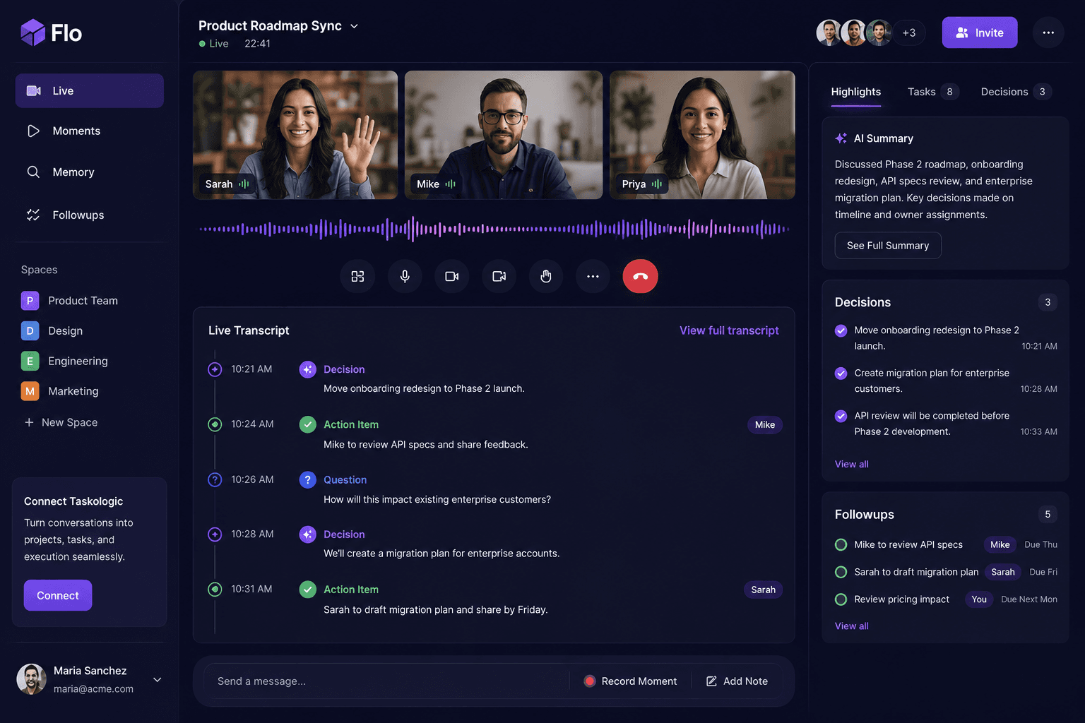 Flo app showing live sessions, transcript, highlights, decisions, and followups