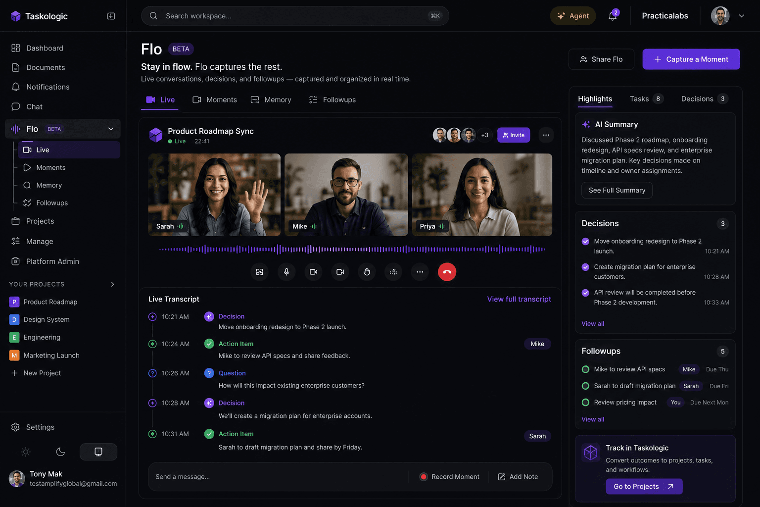 Flo Live workspace showing live sessions with AI-powered capture, transcript, and decisions