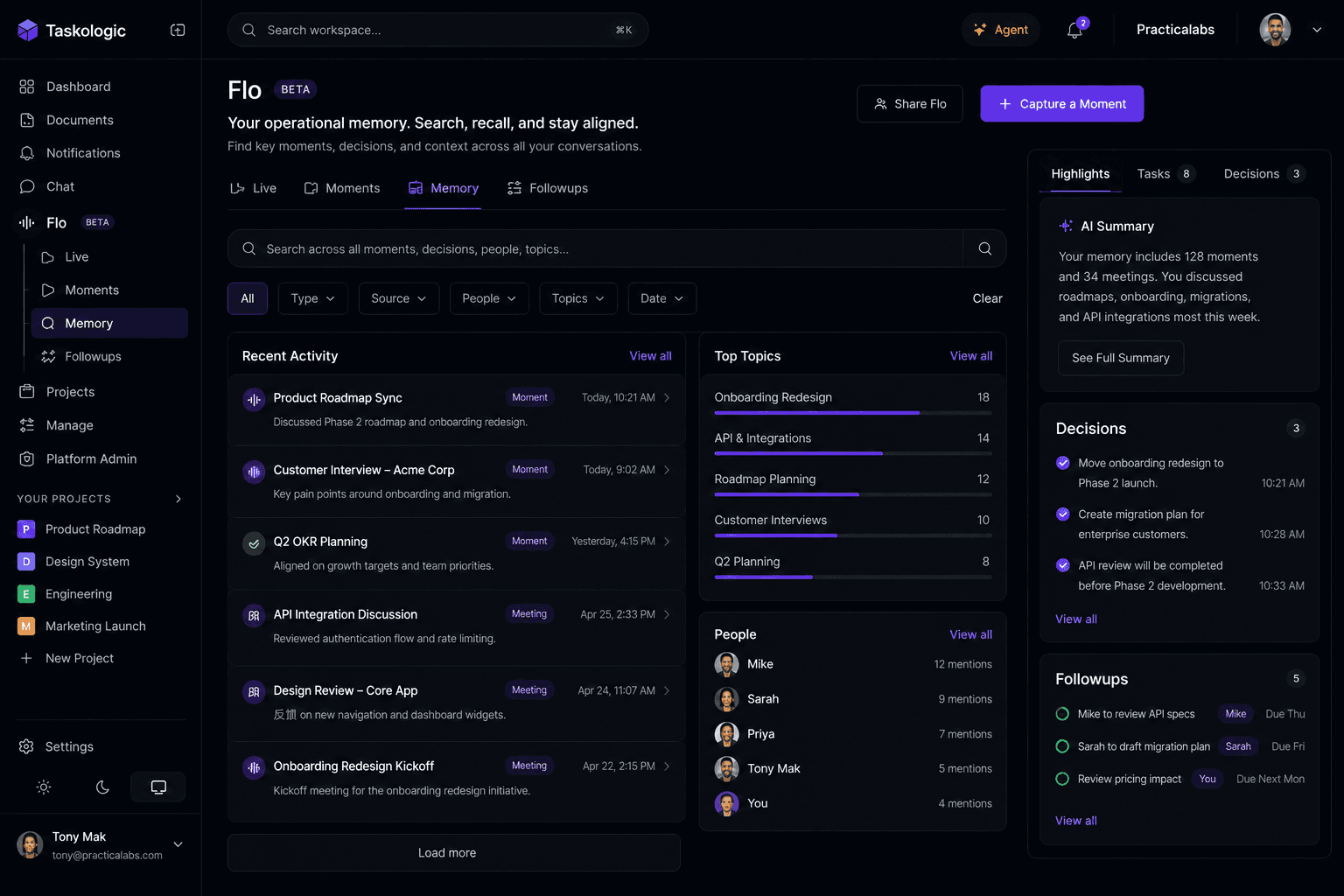 Flo Memory showing searchable operational history across conversations and decisions