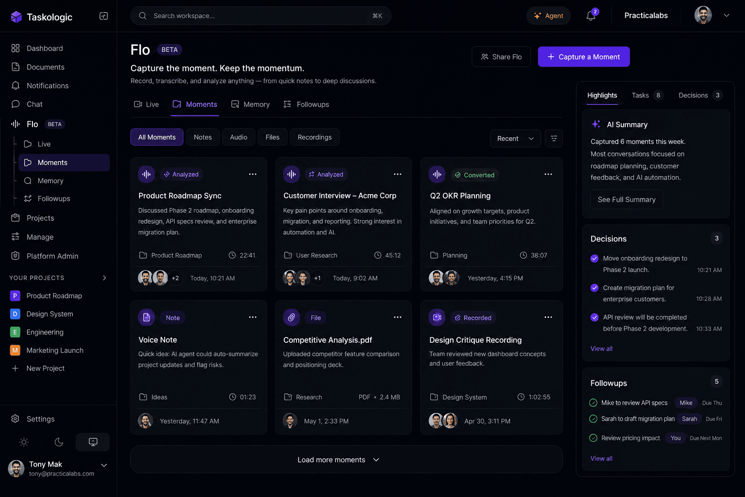 Flo Moments showing async capture, recordings, notes, and organized content